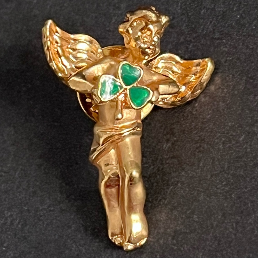 Avon Shamrock Angel Brooch Lapel Pin/Tie Tack By Nina Ricci Gold Color Metal
